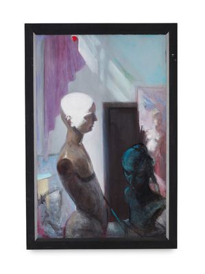 a painting of a woman looking into a mirror with a cat nearby
