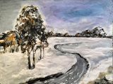 a painting of a snowy landscape with trees and a road