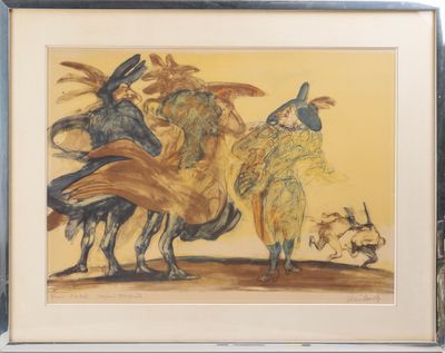 tableau représentant un groupe de personnes en costumes et coiffées de chapeaux, sur fond jaune