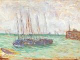 a painting of boats in the water on a sunny day