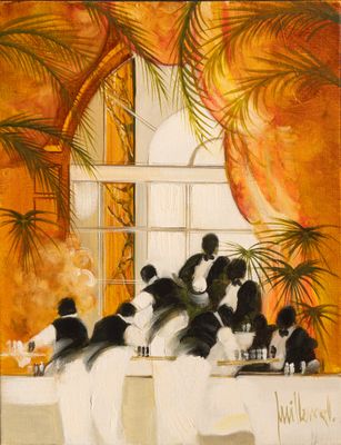 un tableau représentant un groupe d'oiseaux assis à une table