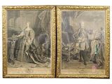 two paintings of a man and a woman with a dog