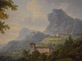 a painting of a mountain scene with a castle in the distance