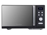 the microwave is black and silver with a digital clock on the side