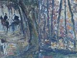 un tableau représentant un groupe de personnes debout dans une forêt