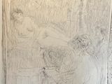 a drawing of a woman laying on a bed next to a cat