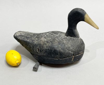 un canard posé à côté d'un citron sur une table
