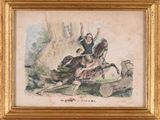 an old painting of a man riding a horse with a woman on it