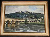 une peinture à l'huile représentant un pont enjambant une rivière, avec un château sur une colline en arrière-plan