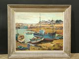 an oil painting of boats on the shore in a wooden frame