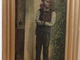 tableau représentant un garçon coiffé d'un bonnet rouge et vêtu d'un gilet, debout devant une porte