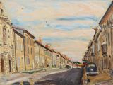 un tableau représentant une scène de rue avec des voitures et des bâtiments