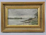 une peinture d'un paysage avec une rivière au premier plan