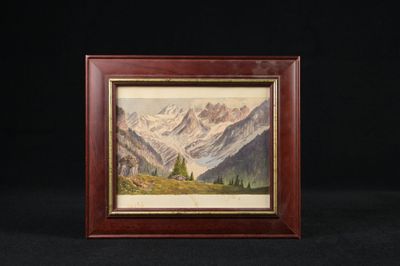 une peinture à l'huile représentant une scène de montagne avec un lac au premier plan