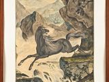 tableau représentant un cheval sautant par-dessus une falaise, avec une cascade en arrière-plan