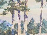 a watercolor painting of a group of trees by the water