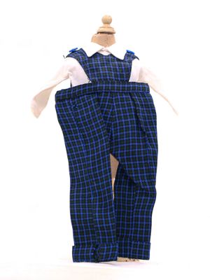 Pantalon à bretelles à carreaux bleus pour garçon, avec chemise blanche et nœud papillon