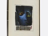 painting of a man ' s face with yellow eyes in a black frame