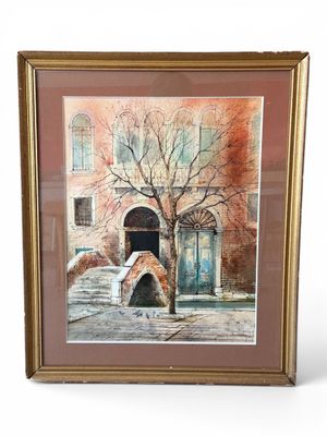 painting of an old building with a tree in front of it