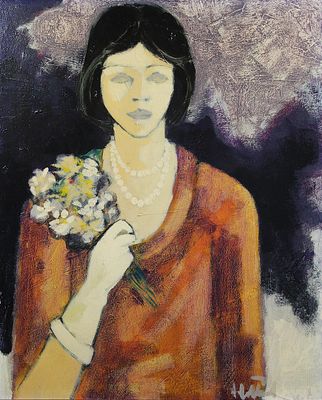an oil painting of a woman holding a bouquet of flowers