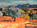 painting of a landscape with olive trees and mountains in the distance