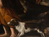 a painting of a man and a dog in a wooded area