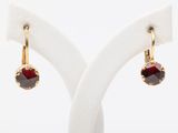 a pair of earrings with garnets on a white stand