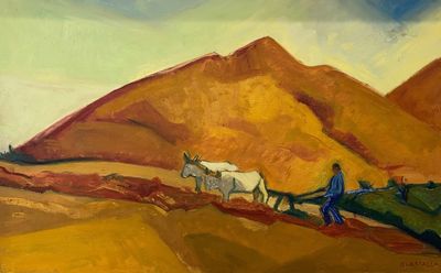 an oil painting of a man plowing a field with a white horse