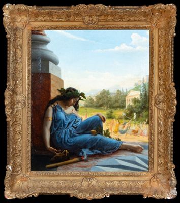 an image of a painting of a woman sitting on a ledge
