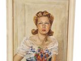 an oil painting of a woman in a dress with flowers on it