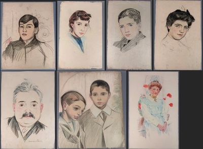 six different colored pencil drawings of a man, woman, and child