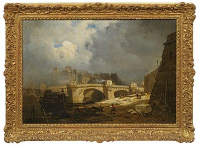 une peinture à l'huile représentant un pont sur une rivière avec un château à l'arrière-plan