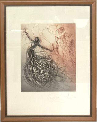 tableau représentant une femme en robe de bal, avec un homme en arrière-plan