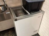 a sink and a freezer in the corner of a kitchen