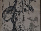 drawing of a man carrying a bag and a sword in his right hand