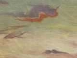 an oil painting of a person riding a horse on a beach