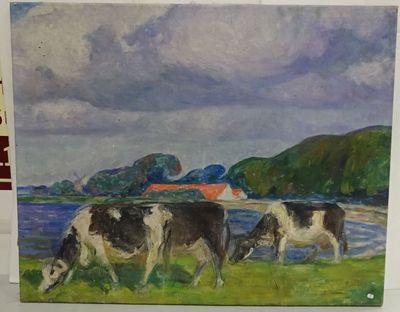 painting of two cows grazing in a field near a body of water