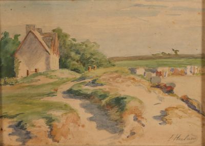 an image of a painting of a country road with a house in the background