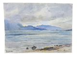 aquarelle représentant une vue sur l'océan avec des montagnes au loin
