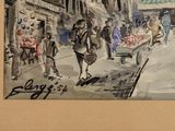 a painting of a street scene with people walking down the street