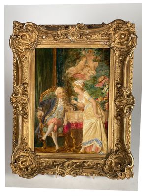 une image représentant un tableau où figurent une femme et un enfant, dans un cadre doré