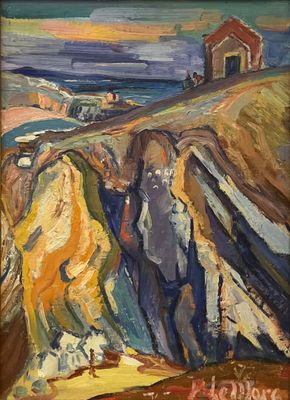 an oil painting of a mountain scene with a church in the distance