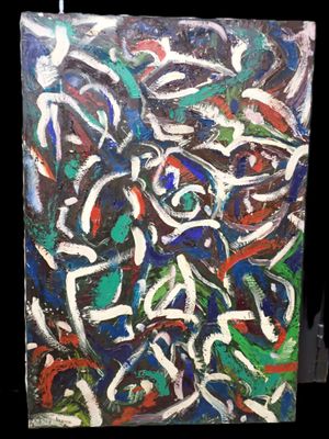 peinture représentant un fond noir avec de la peinture blanche, rouge, verte, bleue et noire