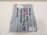 a blue and brown striped shirt with a tag on it