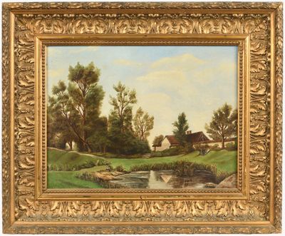 a painting of a farm scene with a stream in the foreground