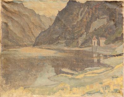 une image représentant un tableau représentant un paysage de montagne avec un bateau sur l'eau