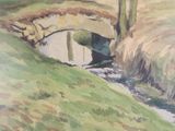 a watercolor painting of a stream running through a field