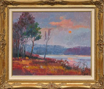 une peinture à l'huile représentant un paysage avec des arbres et un lac