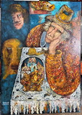 painting of a painting of a woman sitting at a table with a crown on her head