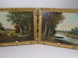 deux tableaux encadrés représentant une scène fluviale avec des bateaux et des arbres